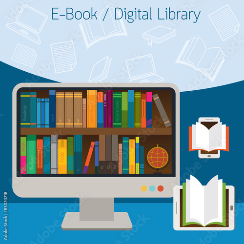 Computer and books, E-Book and Digital Library Concept