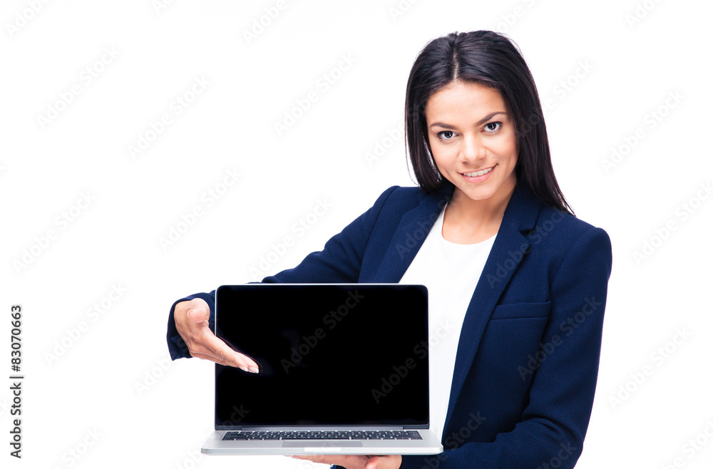Happy businesswoman presenting something on the laptop Happy businesswoman presenting something on the laptop