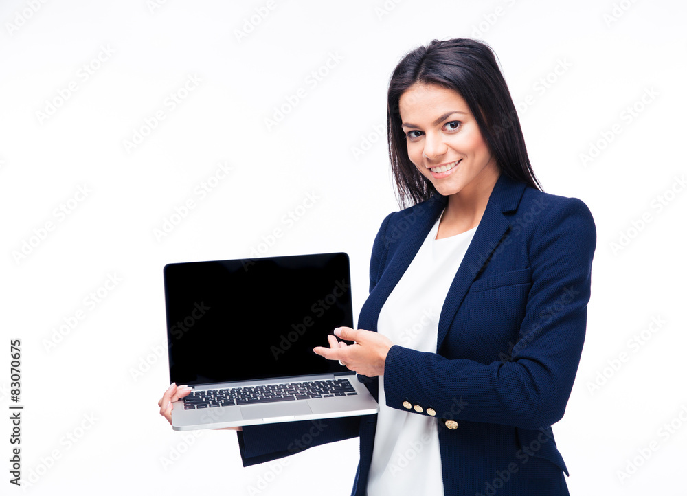Happy businesswoman showing blank laptop screen Happy businesswoman showing blank laptop screen