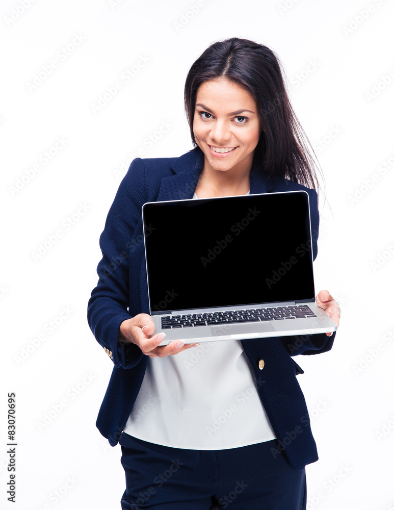Happy businesswoman showing blank laptop screen Happy businesswoman showing blank laptop screen