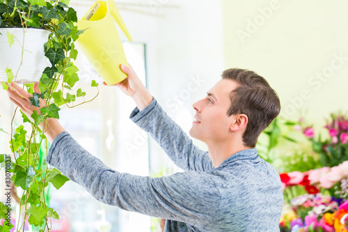 Florist arbeitet im Blumenladen gießt Blumen