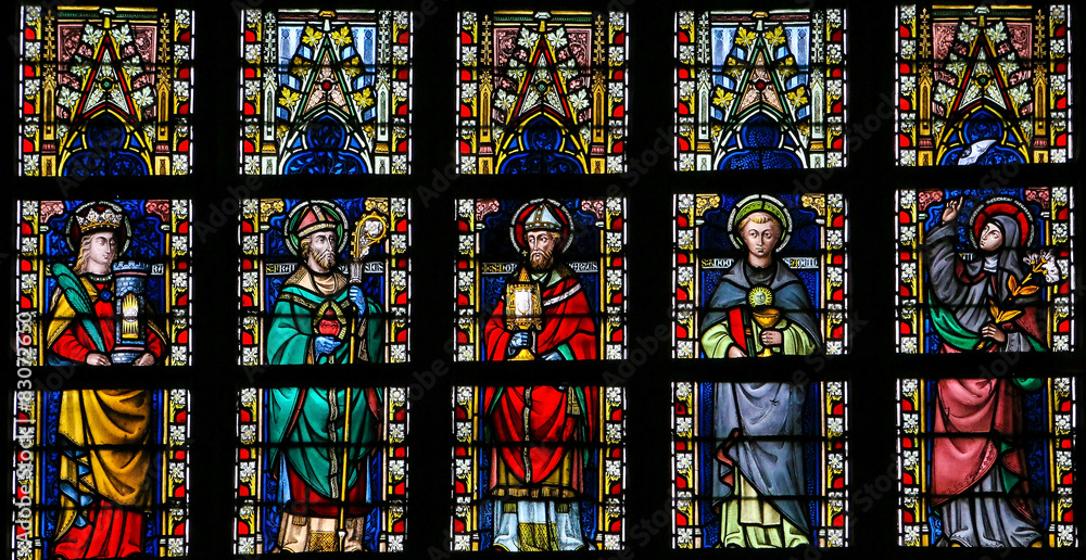 Stained glass window depicting Catholic Saints