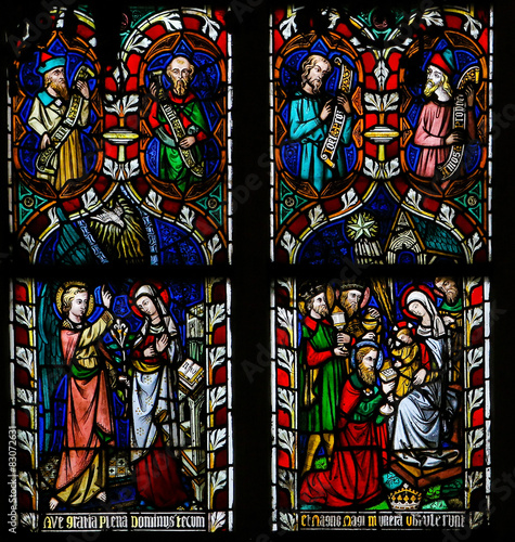 Stained glass window of the Annuciation and the Three Kings