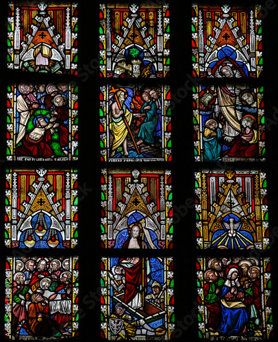 Stained glass window depicting Scenes in the Life of Jesus Chris