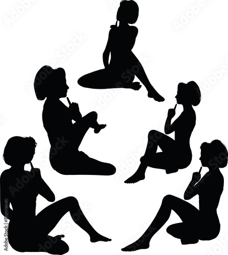 woman silhouette with hand gesture thinking