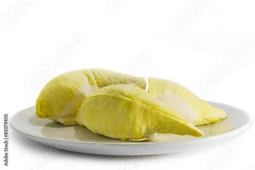 piece of durian on dish and white background, Thai fruits