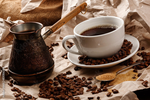 Coffee cup and cezve for turkish coffee