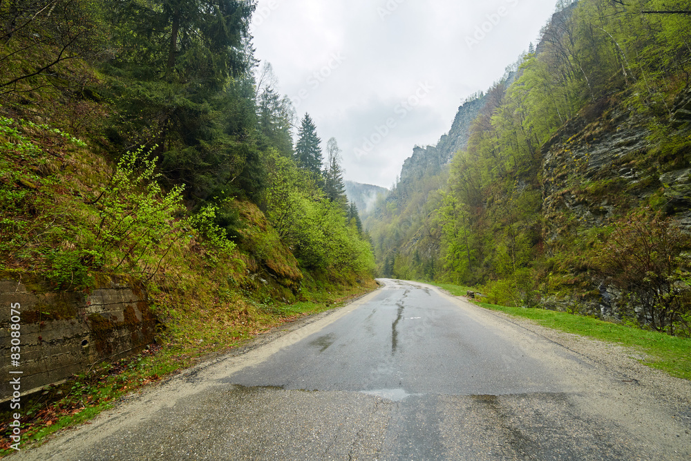Mountain road in a rainy day