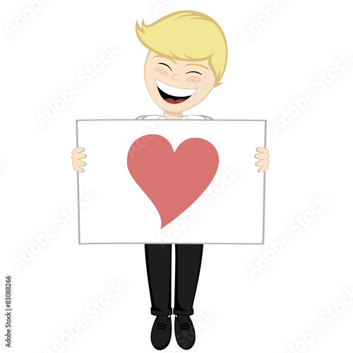 A blonde boy with a white board and a heart shape photo