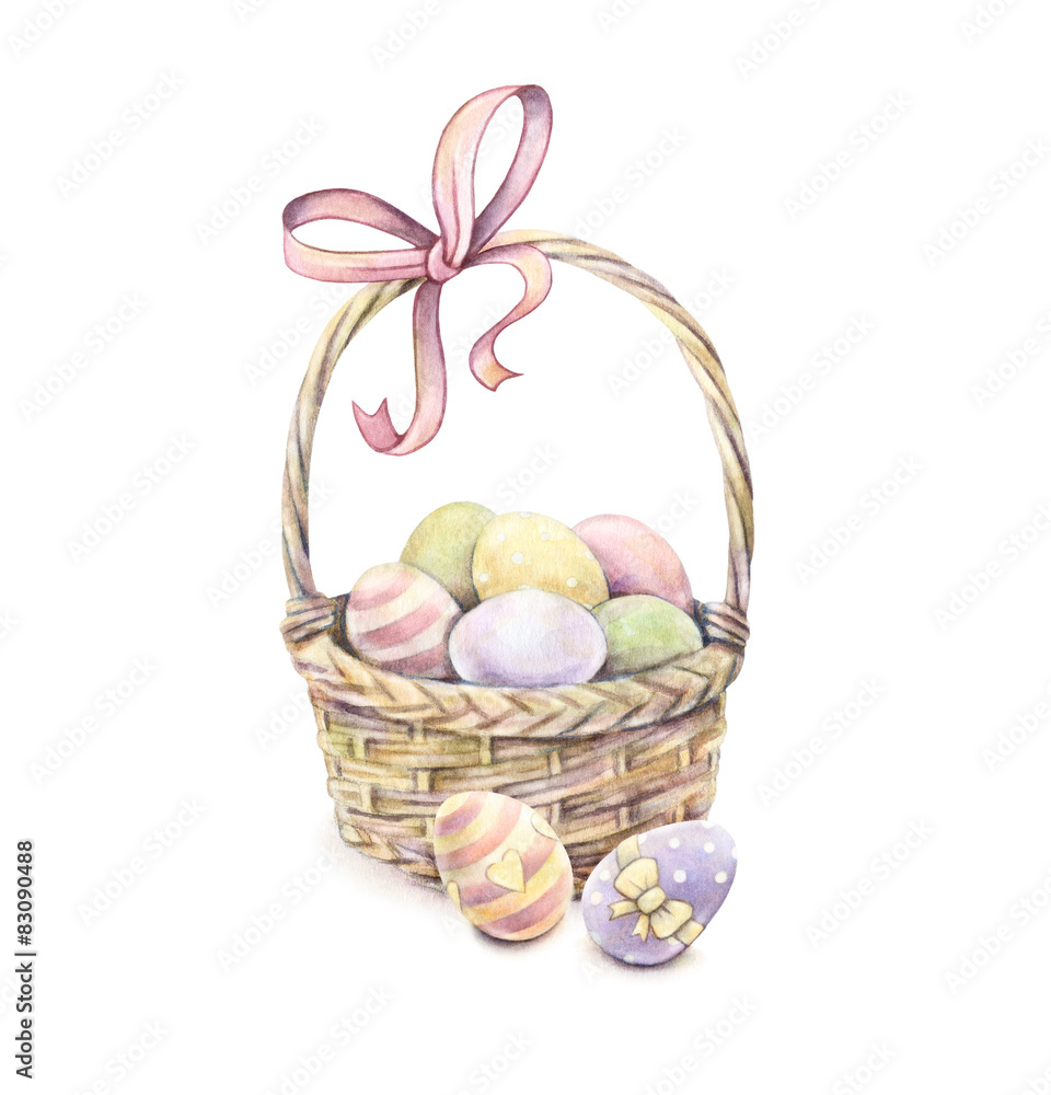Easter basket isolated on a white background. Color Easter eggs