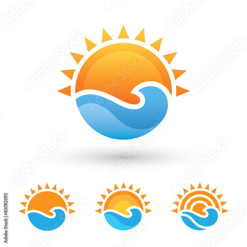 Four abstract symbols with sun and sea wave 