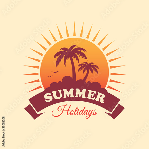 Summer holidays label  with sun and two palm trees 