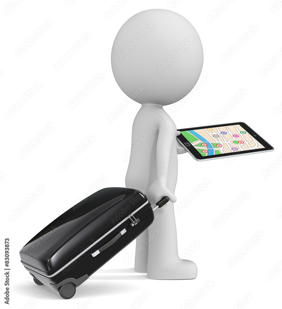The dude 3D character holding suitcase, tablet computer GPS.  Stock-Illustration | Adobe Stock