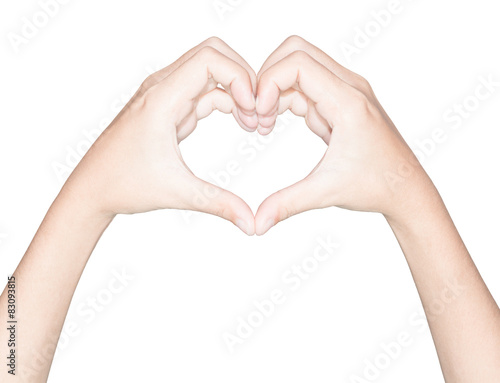 closeup hand heart love symbol isolated white clipping path insi