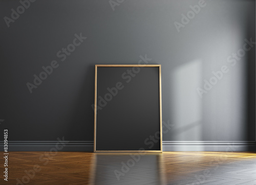 Blank wood picture frame and sunlight on a wall. 3d rendering