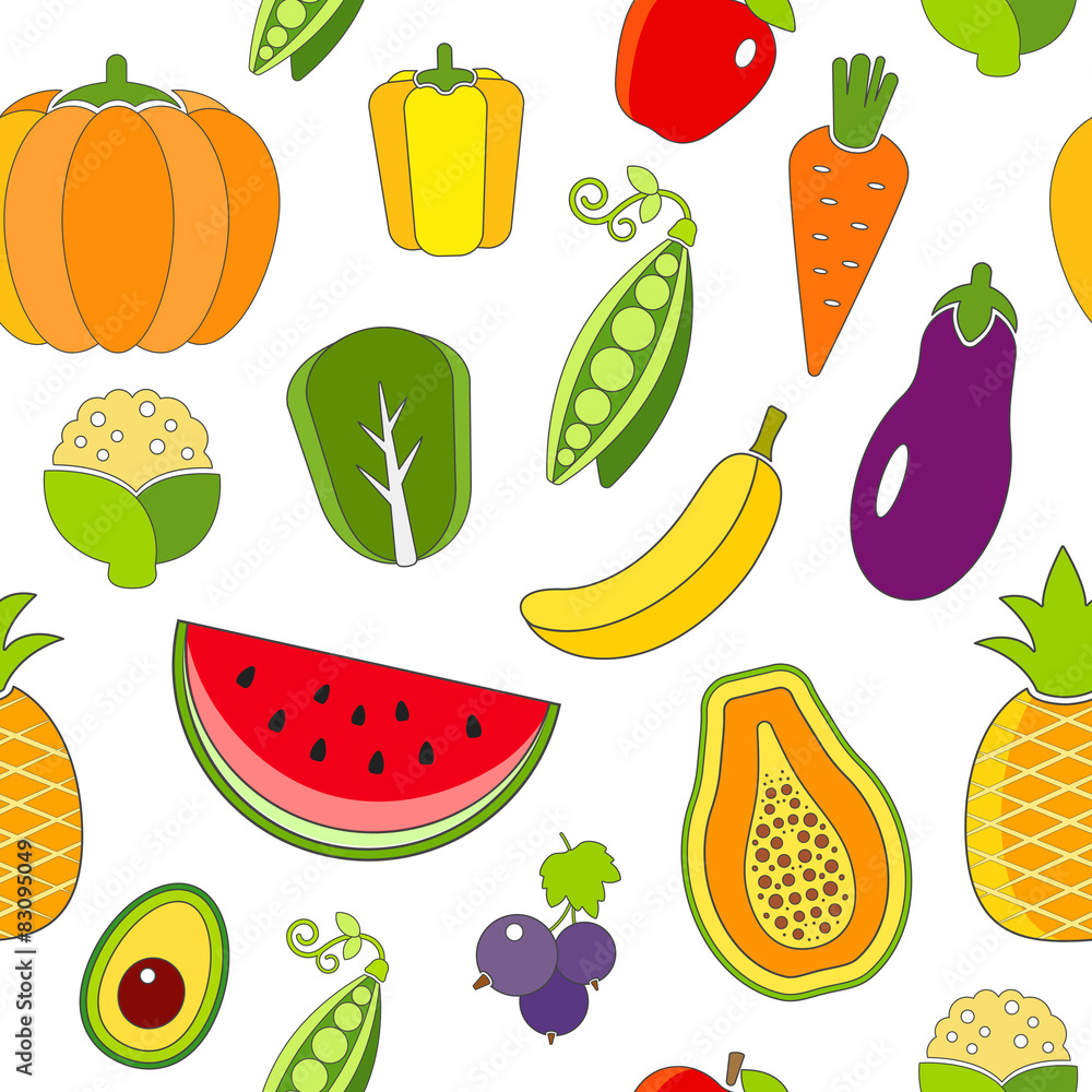 Seamless pattern with outlined fruits and vegetables Seamless pattern with outlined fruits and vegetables