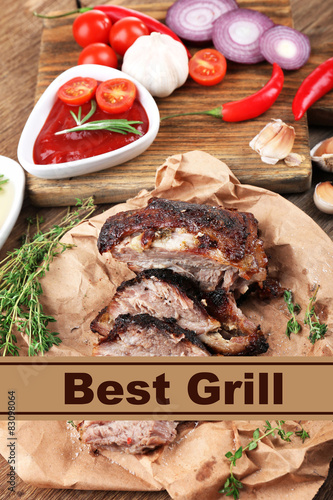Delicious grilled meat on table and space for text