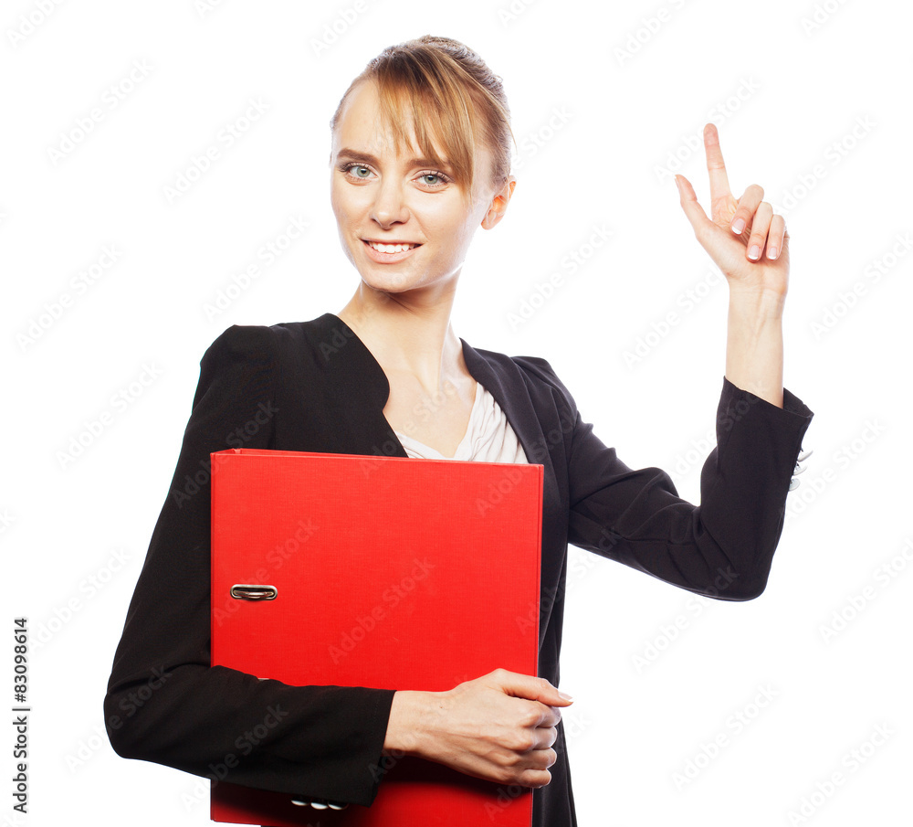 business woman pointing at white background. business woman pointing at white background.