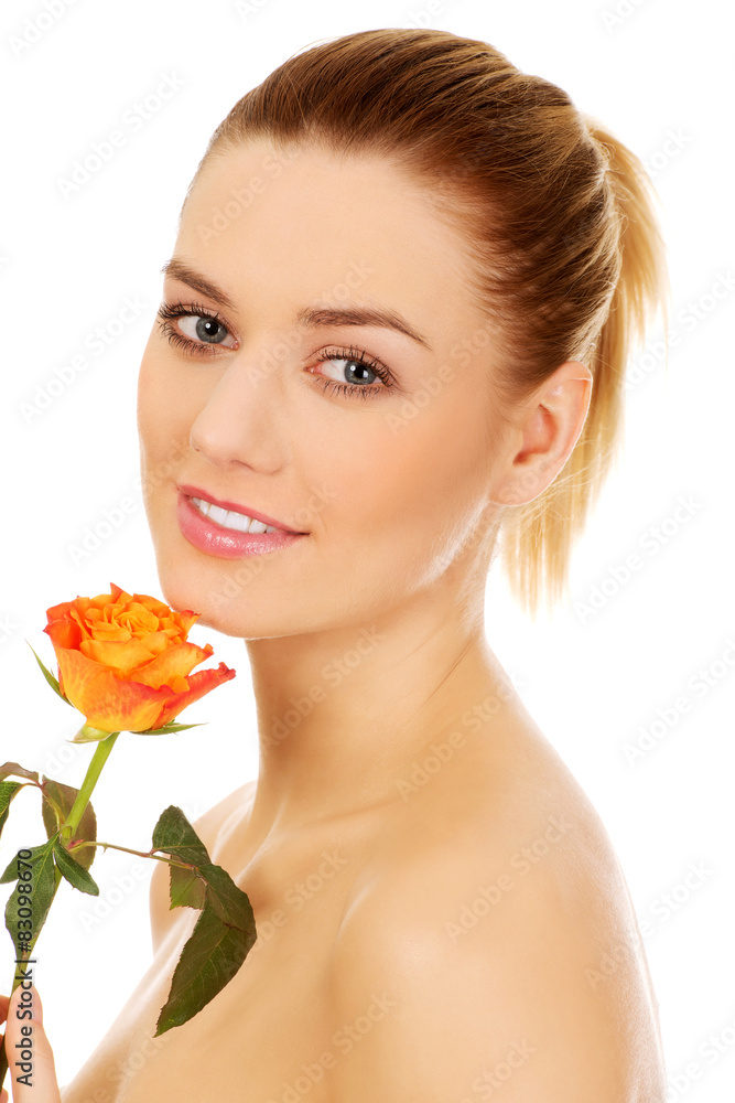 Smiling woman with fresh rose. Smiling woman with fresh rose.
