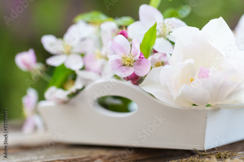 Fototapeta Naklejka Na Ścianę i Meble -  Tulpe und Apfelblüten auf Tablett