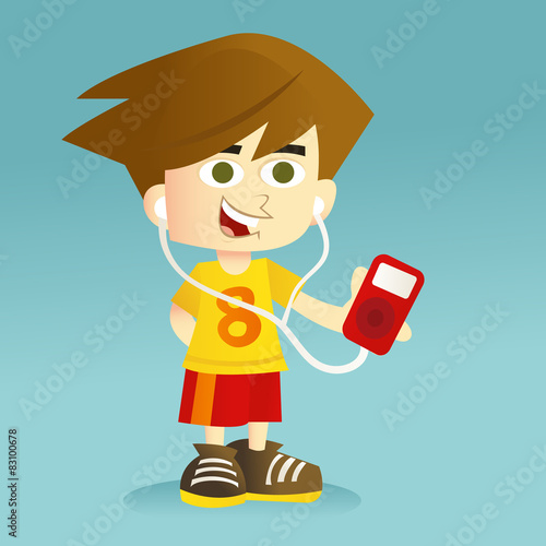 A cartoon vector illustration of a tween listening to his mp3 player.