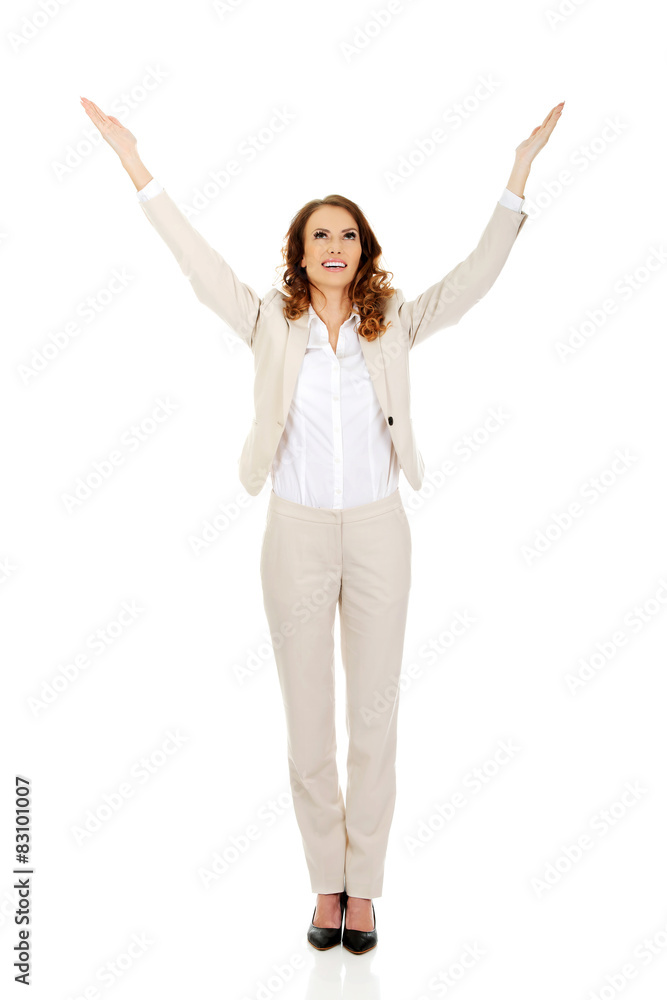 Businesswoman with open hands up. Businesswoman with open hands up.