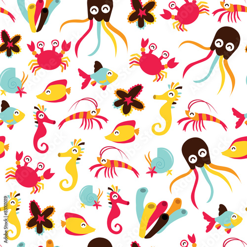 Happy Sea Creatures Seamless Pattern Background