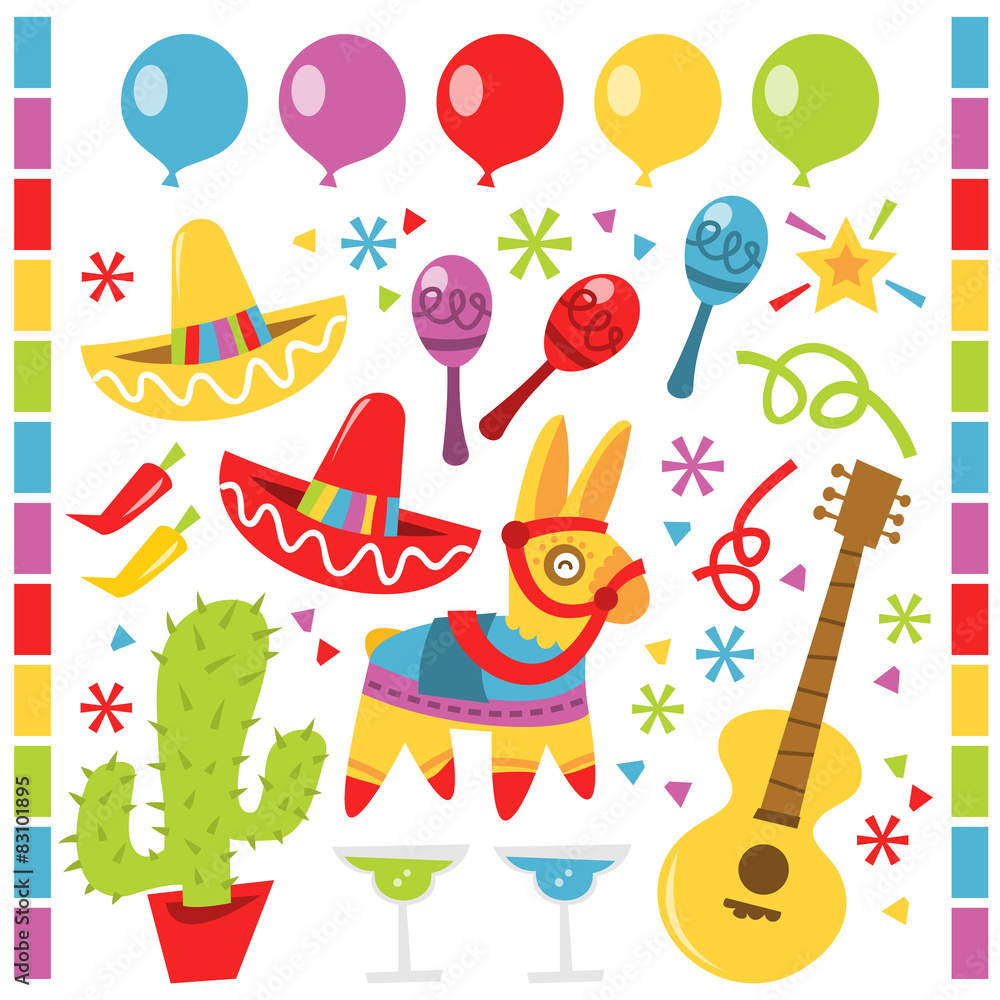 Naklejka premium Retro Mexican fiesta party design elements