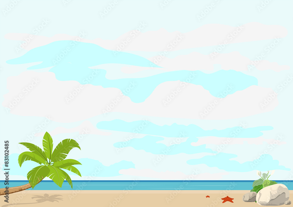 Fototapeta Summer vacation and travel. Palm tree and starfish beach sea