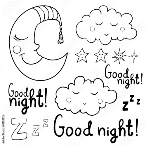 Set of contour images about sleeping for coloring. Good night!