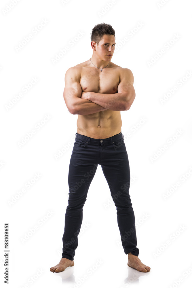 Full length shot of shirtless muscular young man in jeans Full length shot of shirtless muscular young man in jeans