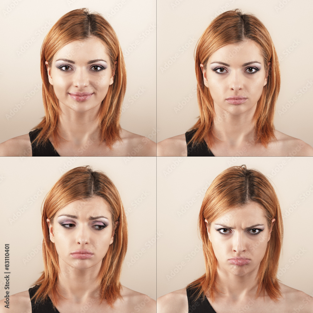 Young woman with four face expression Young woman with four face expression