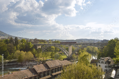 Bern and his train, river Aare, trees and rooftops, Europe