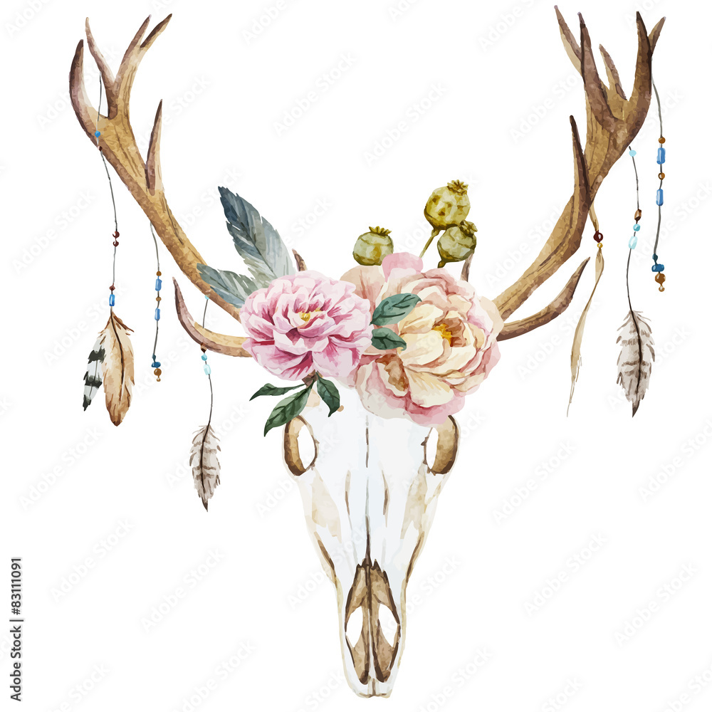 Obraz Akwarela głowa jelenia z polne kwiaty