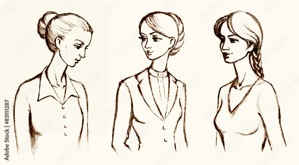 Pencil sketch of a series of drawings female portraits Pencil sketch of a series of drawings female portraits