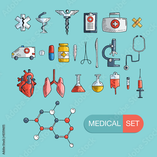 Hand drawn health care and medicine icon set. 