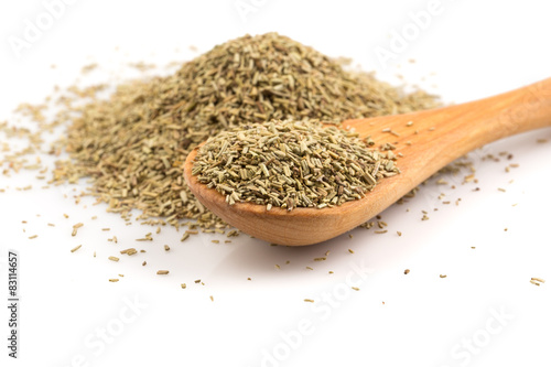 Dried rosemary leaves in wooden spoon