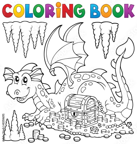 Coloring book with dragon and treasure