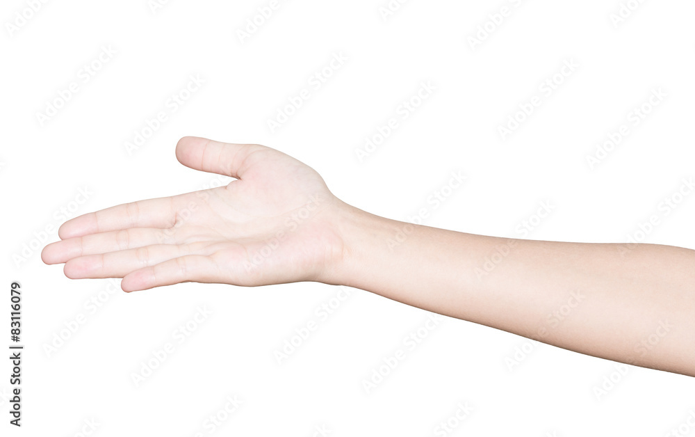 closeup hand receive isolated white clipping path inside