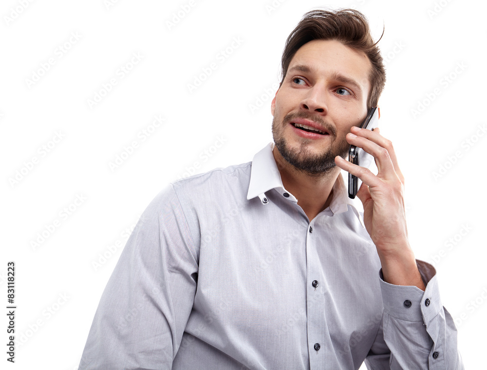 Happy Young Man Using Mobile Phone Isolated On White Background Happy Young Man Using Mobile Phone Isolated On White Background