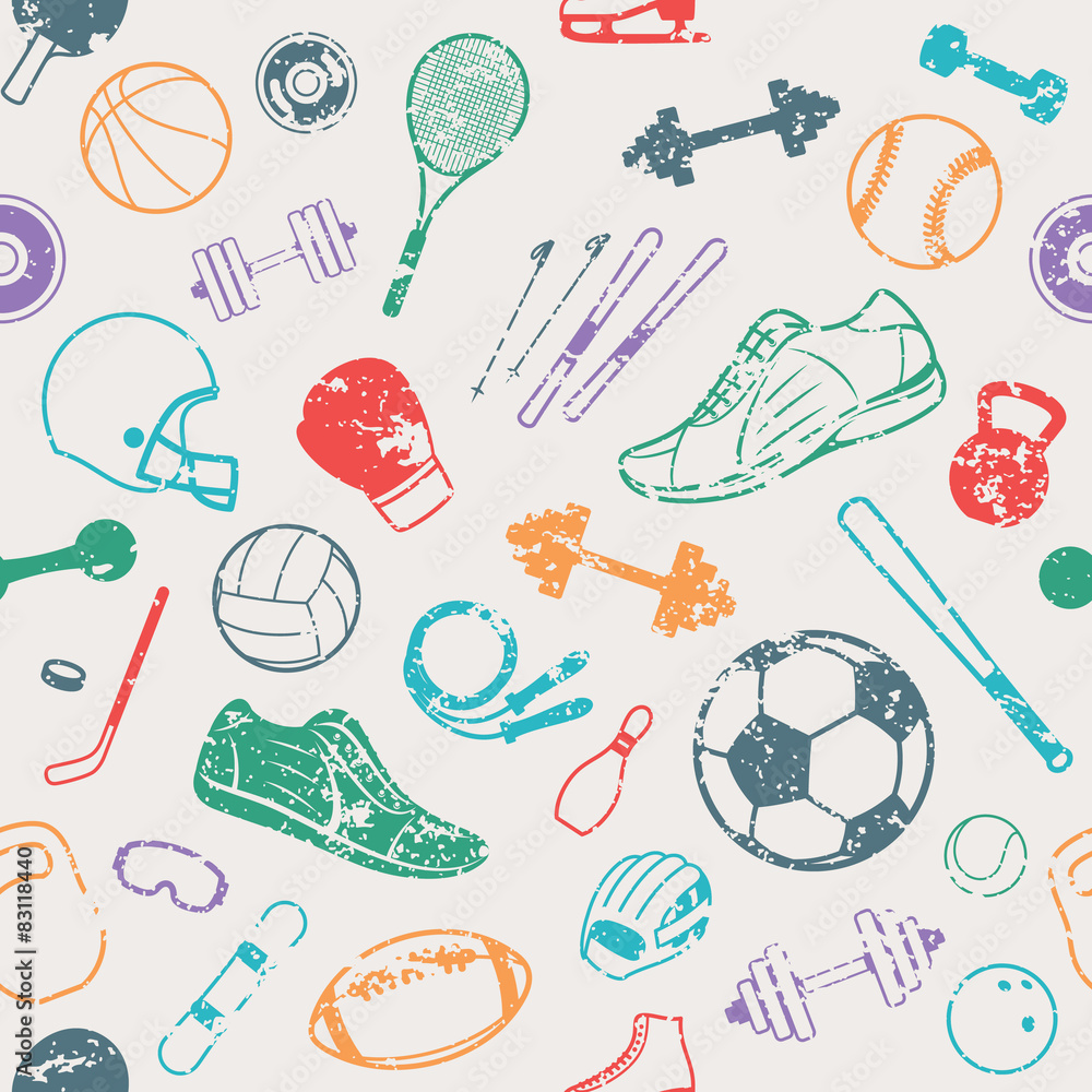 Naklejka premium Sport Equipment Grunge Background, Seamles Pattern, Icons