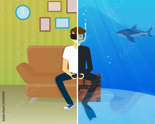 Happy guy is doing scuba diving in virtual reality