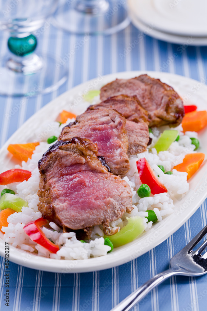 Barbecue Pork With Rice And Vegetables