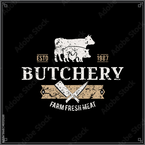 Butcher Shop Logo, Meat Label Template, Farm Animals Silhouettes