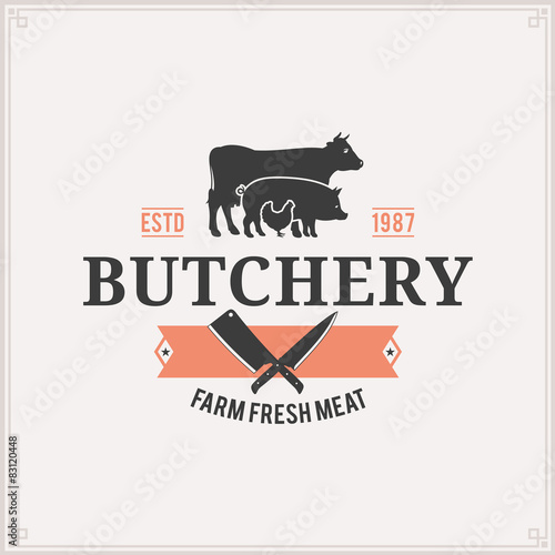Butcher Shop Logo, Meat Label Template, Farm Animals Silhouettes