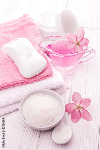 sea salt and essential oils  pink flower. spa