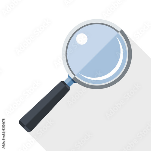 Magnifying glass icon with long shadow on white background