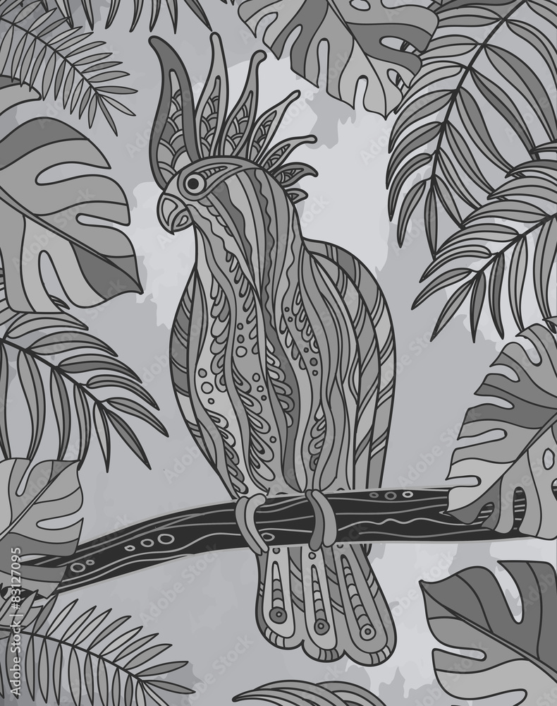 Obraz premium Graphic cockatoo parrot on a branch. Vector illustration