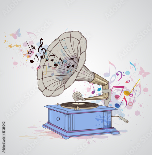 Music background with gramophone and notes.