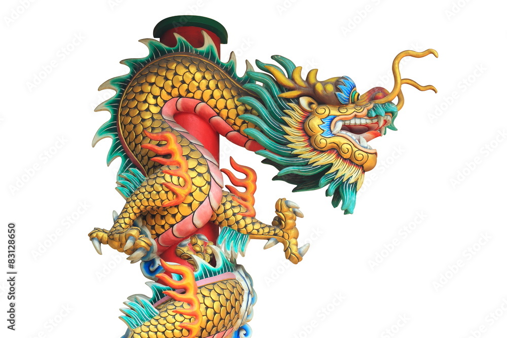 dragon statue around the pole isolated on white background dragon statue around the pole isolated on white background